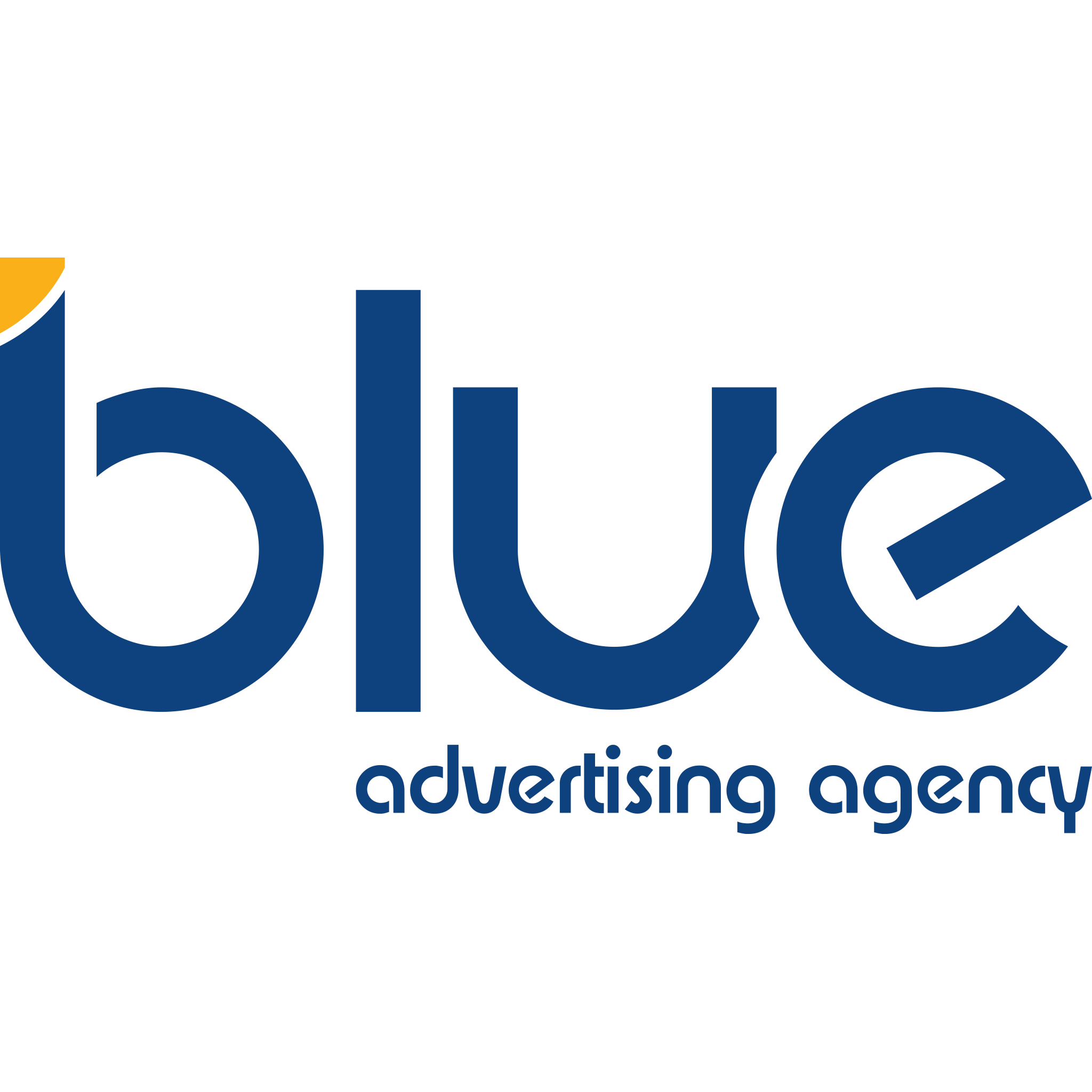 blue advertising agency logo with yellow dash at the top of the b letter